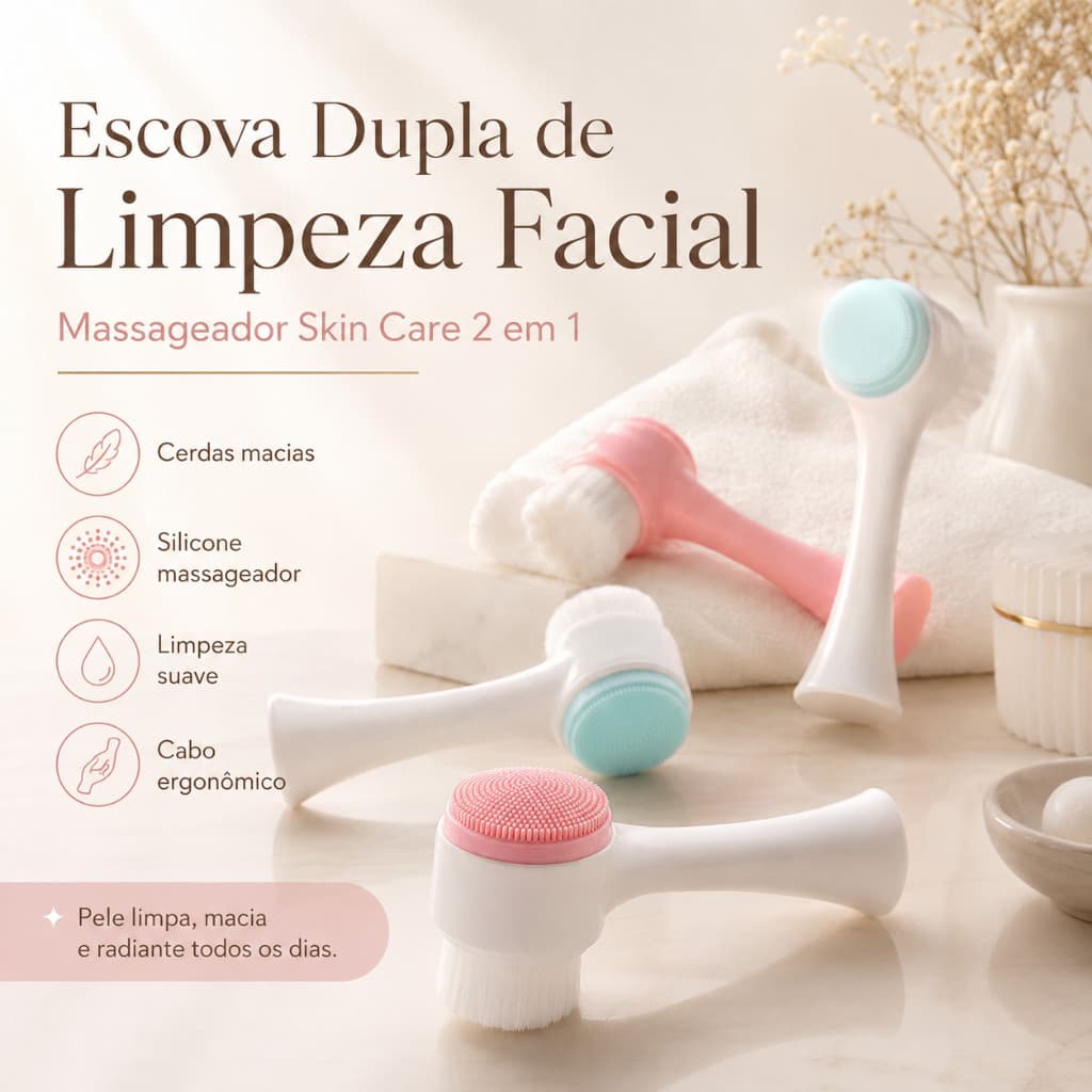 Escovas Duplas de Limpeza Facial 2 em 1 com Massageador Skin Care e Cerdas Macias