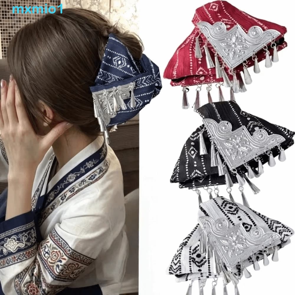 Clipe De Tubarão Triangular , Garra De Cabelo Estilo Étnico Com Borla Prateada , Acessório Padrão Listrado Boêmio