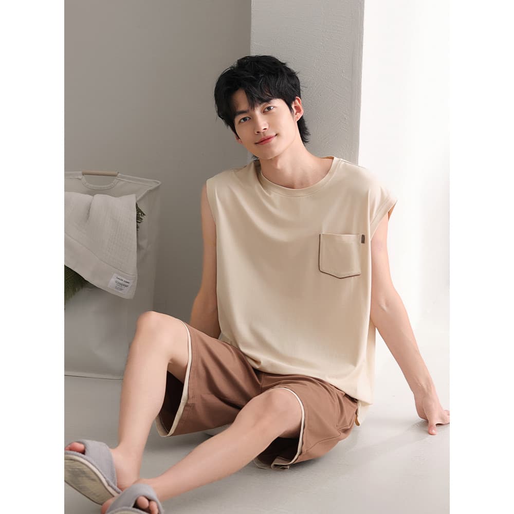 Pijamas masculinos verão Modal colete Shorts estilo fino verão estilo masculino seda gelo estilo verão sem mangas Homewe