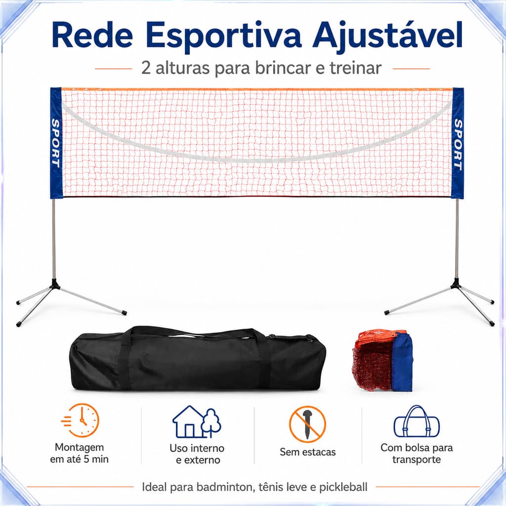 Rede Esportiva Ajustável, Aço Inoxidável, Para Badminton, Vôlei e Pickleball