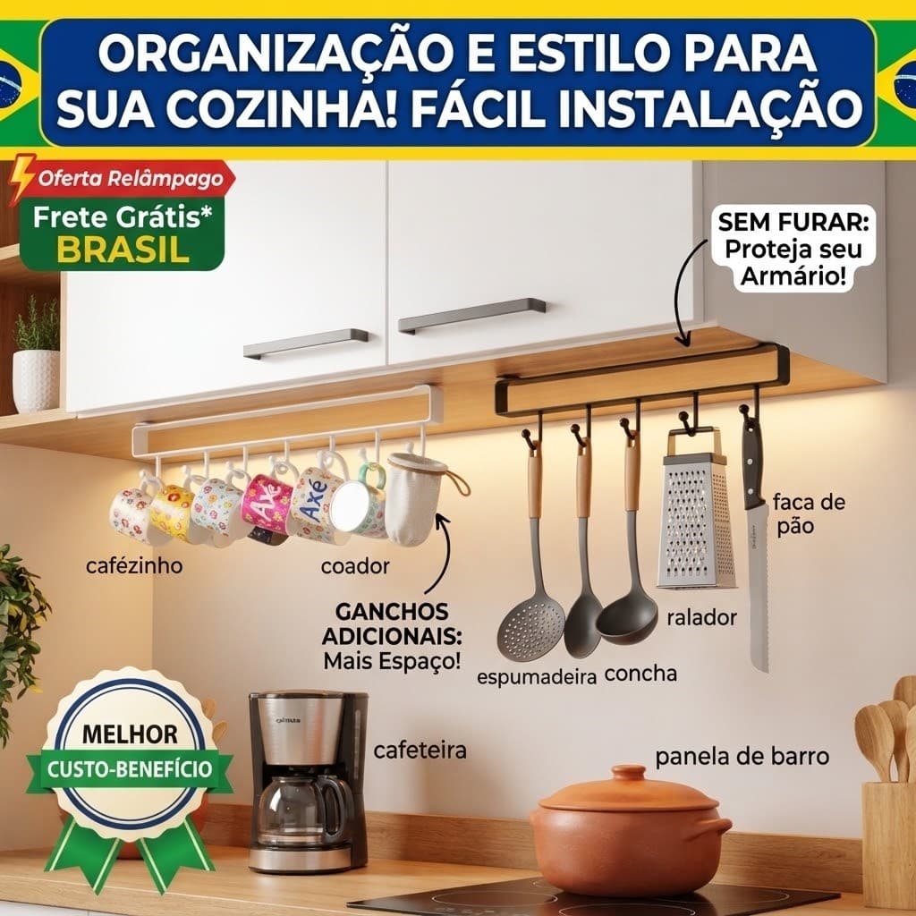 Suporte Organizador de Armário 6 Ganchos ORGANIZAÇÃO E ESTILO PARA SUA COZINHA! FÁCIL INSTALAÇÃO