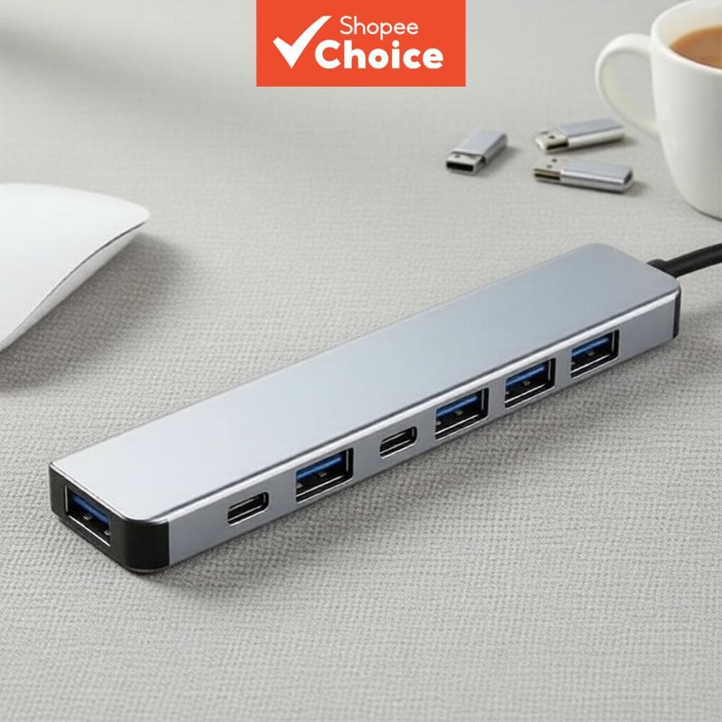 Hub USB 3.0 2.0 Tipo-A Tipo-C 7 em 2 com Múltiplas Portas e Divisor para Extensão de Computador, MacBook e PC