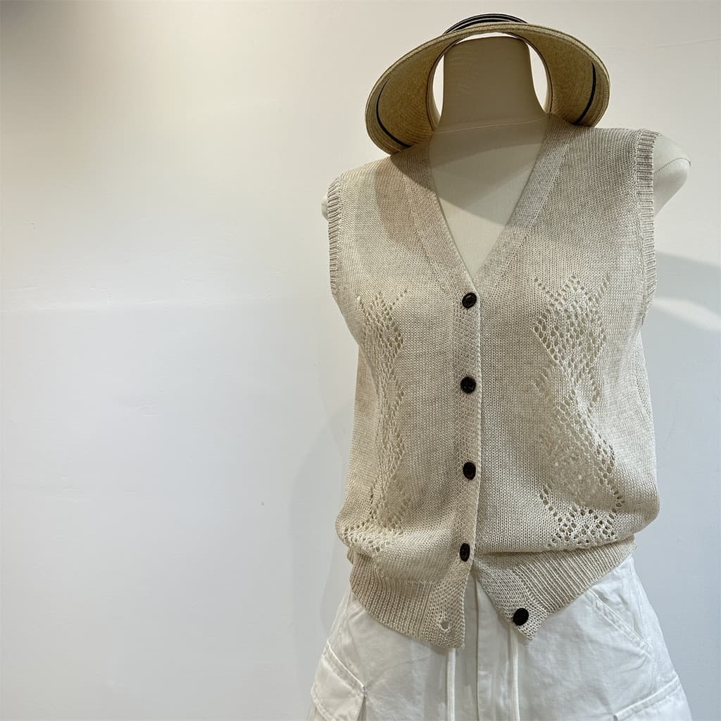 Velho dinheiro sentir Lyocell linho com decote em V colete de malha exterior Wear Retro diamante oco Design mais magro o