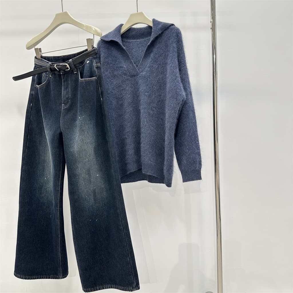 Céu estrelado cinza respingo tinta lavada cintura alta Jeans feminino inverno velo quente moda All-Match solto perna lar
