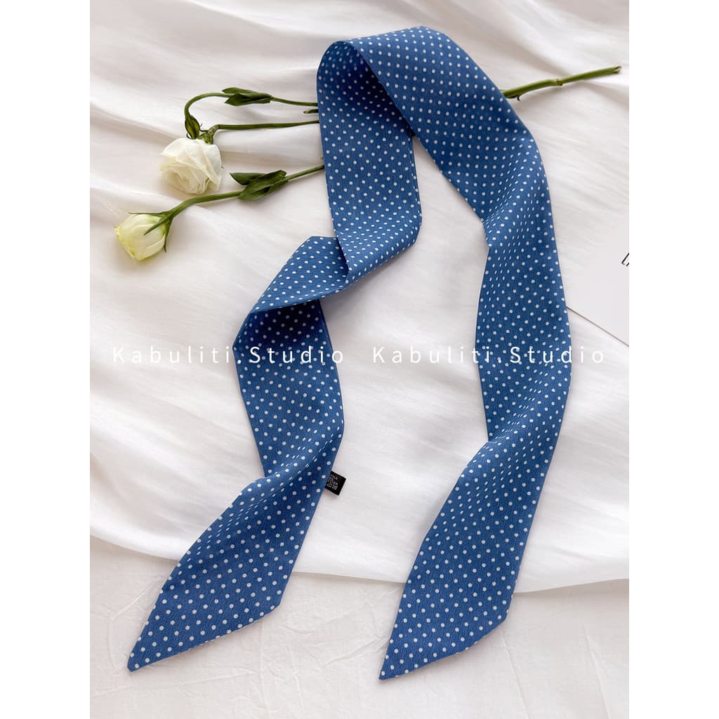 Azul Retro pequena tira longa fina estreita lenço de seda feminino pescoço proteção cachecol pescoço gravata de cabelo g