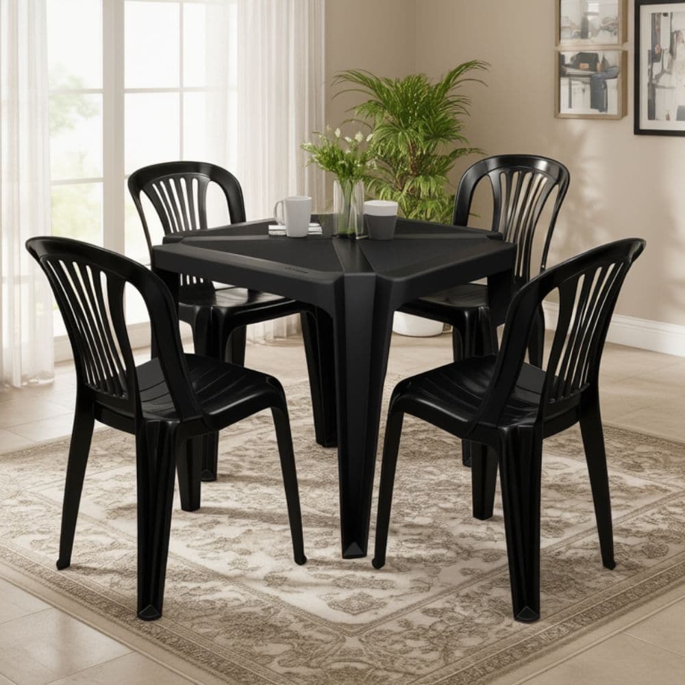 Conjunto 1 Mesa 4 Cadeiras Pretas Kit Dobrável para Casa Área Gourmet Jardim Varanda Camping Churrasco Festas