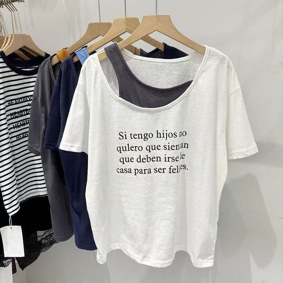 Falso topo de duas peças tamanho grande verão carta impressa manga curta camiseta feminina contraste cor fora do ombro f