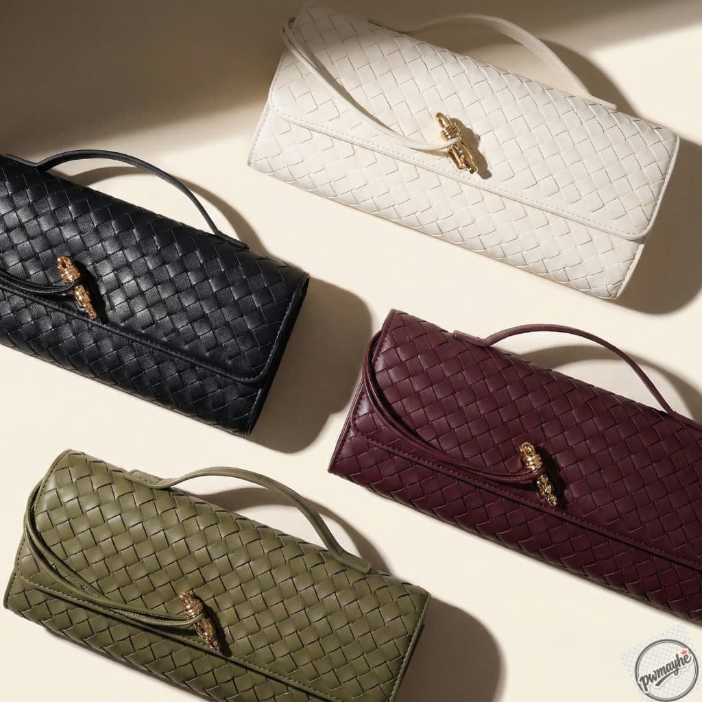 Bolsa de Mão Feminina Transversal de Ombro em Couro Vegano PU Trançado, Clutch de Noite para Festa e Casamento com Alça