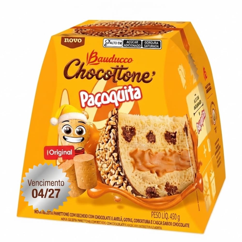 Chocottone Bauducco Paçoquita 450g – Chocotone com Recheio de Amendoim, Gotas e Cobertura Sabor Chocolate