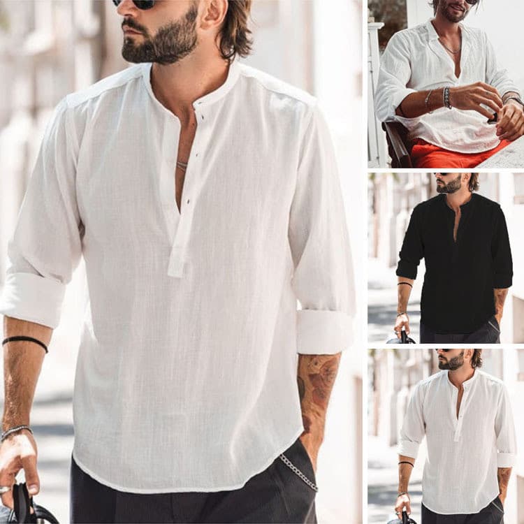 Masculino Casual gola alta porta tubo cor sólida camisa de manga comprida desejo Slub camisa de algodão