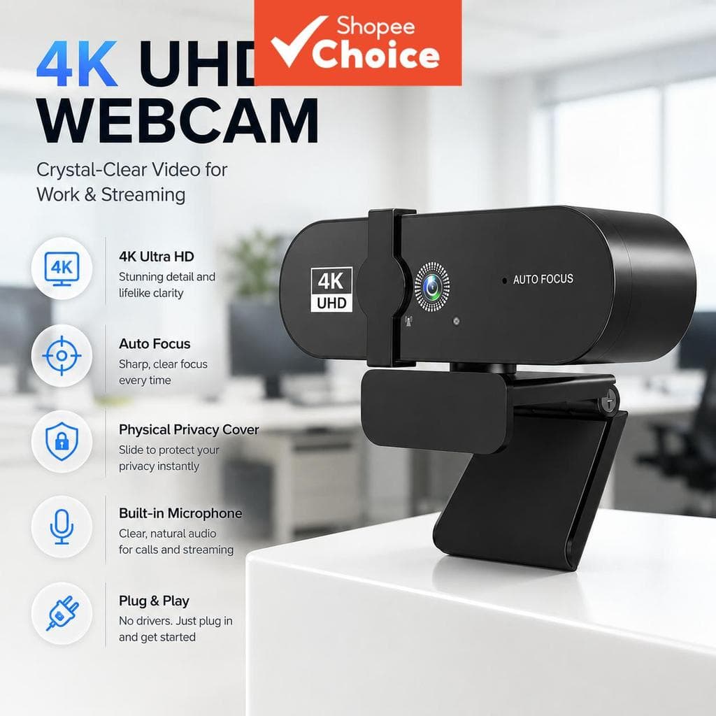 Câmera Web 4K JCL para PC e Laptop, Autofoco PDAF, Microfone com Cancelamento de Ruído, 73° Câmera USB com Tampa de