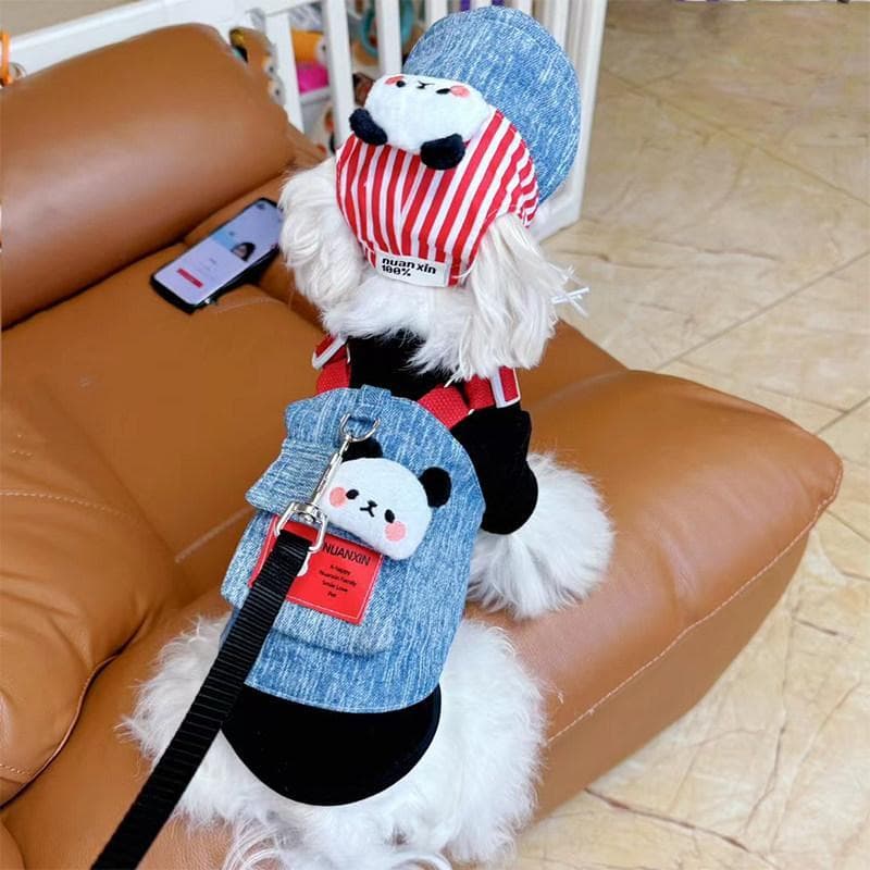 Kit 3 Peças Pet Peitoral Jeans para Cachorro com Guia 150cm e Chapéu Panda Roupa para Cães Pequenos e Médios