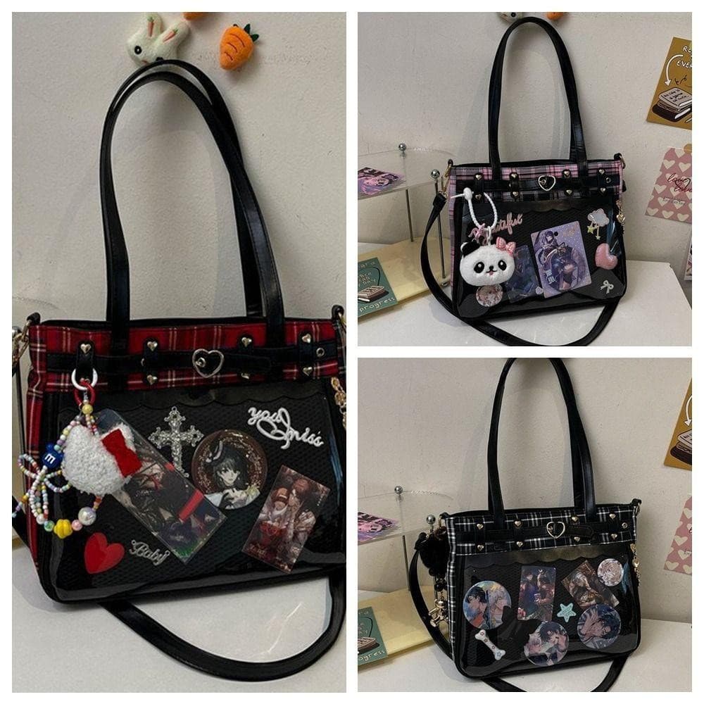 LACYES Cartoon Anime Itabag , Y2K Lattice JK Crossbody Bag , Kawaii Spicy Girl Bolsa De Ombro Transparente Japonesa