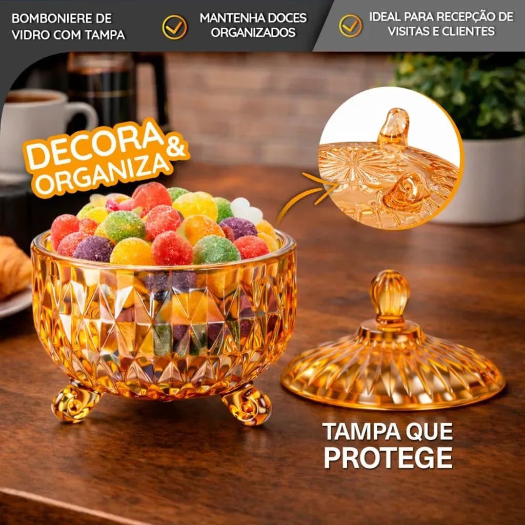 Potiche Âmbar Diamond Vidro Bomboniere Porta Doces Dourado