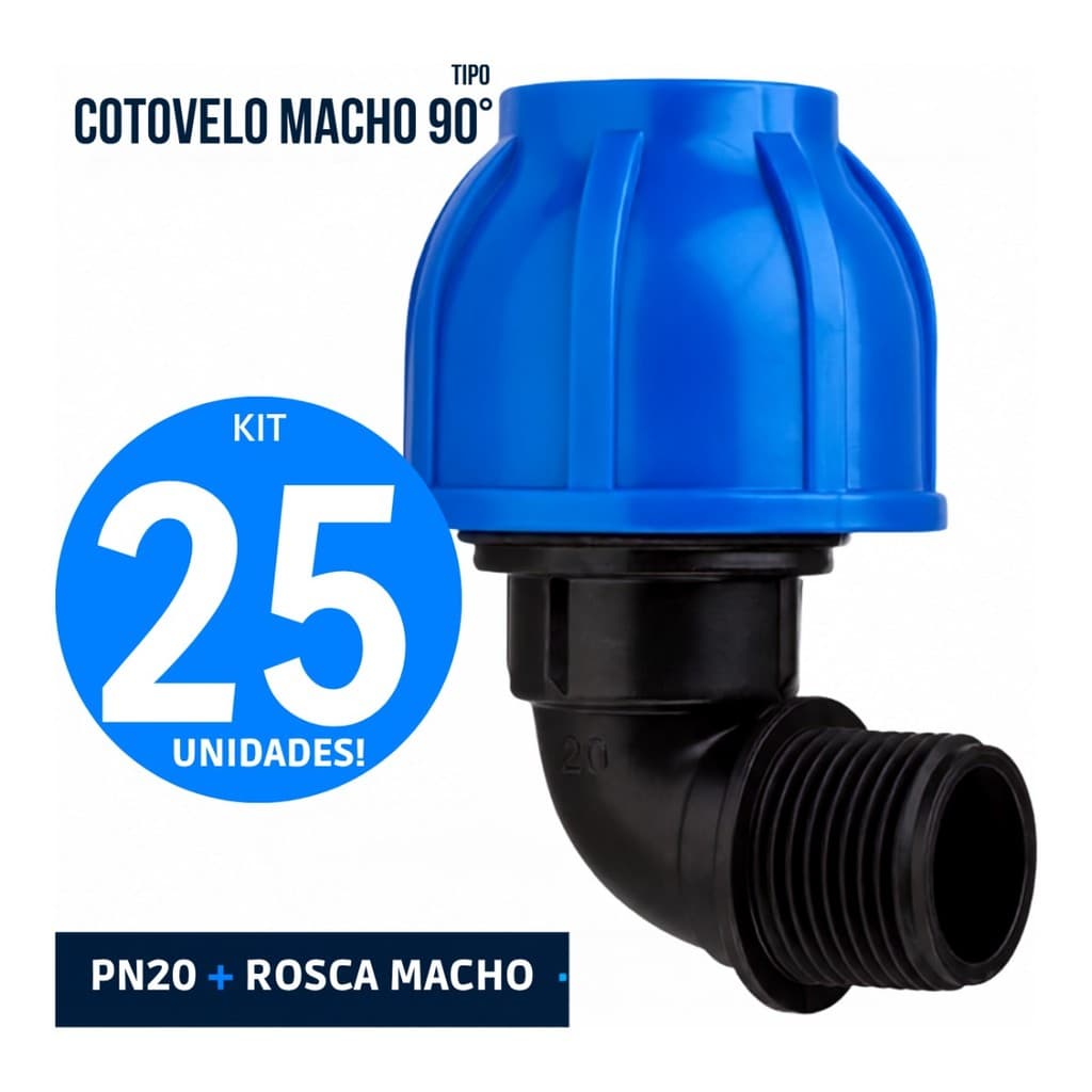 Kit 25 Cotovelos Macho de Compressão PEAD 63mm x 2 PN20 Pietrobon - Conexão 90° Rosca Macho para Tubo PEAD Água Fria