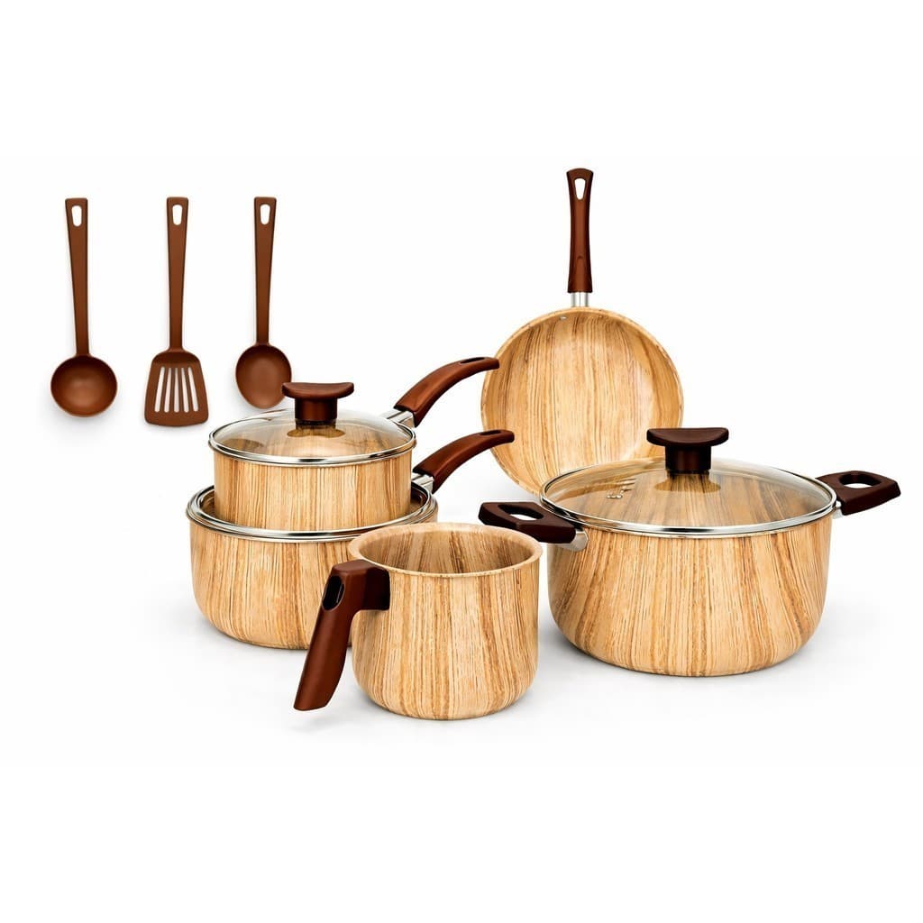 Conjunto de Panelas MARF 8 Peças Antiaderente Teflon Premium 5 Camadas + Talheres Cor Madeira