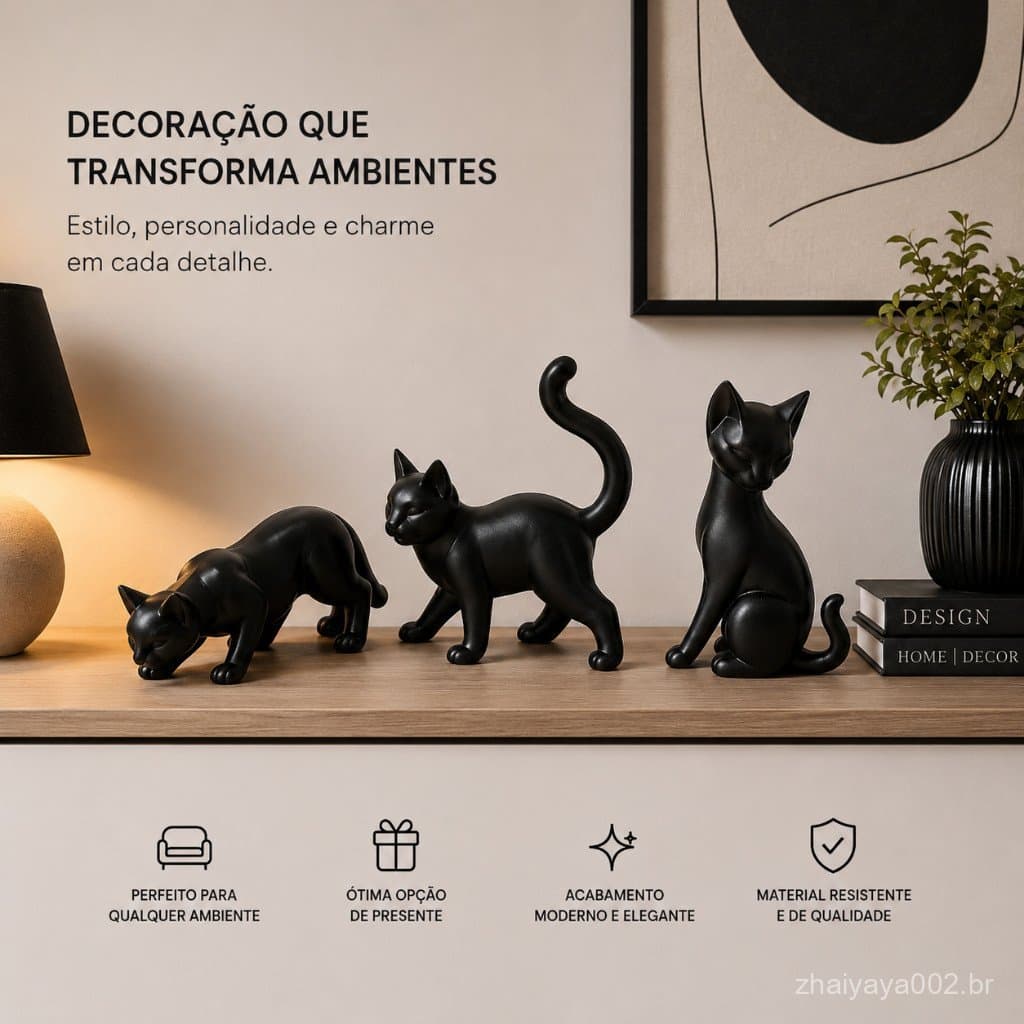 3 Escultura Gato Decorativo Para Casa Mesa e Estante Decoração Moderna Casa