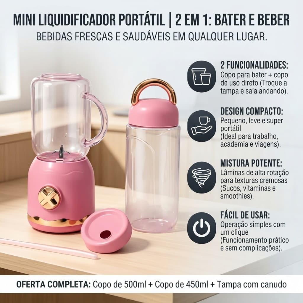 Mini Liquidificador Portátil | Liquidificador Portátil Elétrico com Copos de Vidro Mason