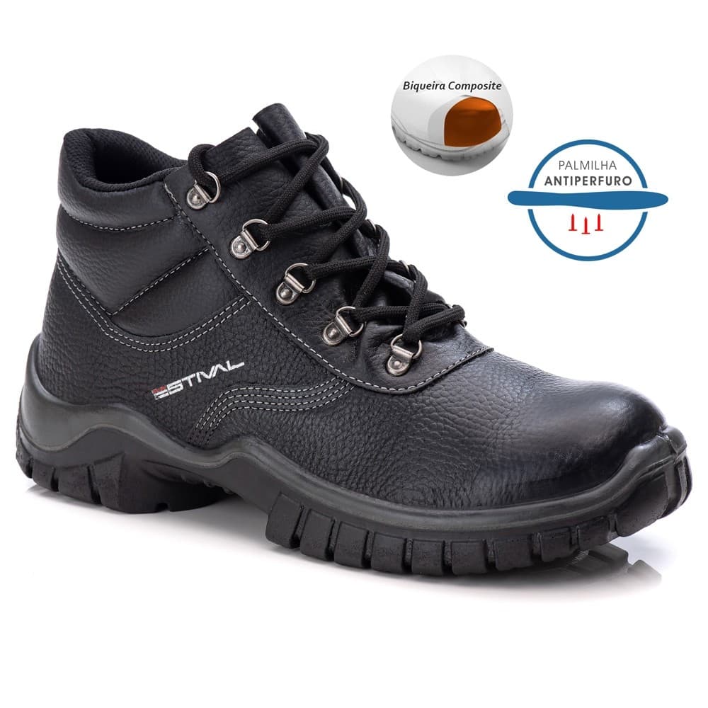Bota de Segurança em Couro Preto Estival - Brinde Palmilha PU - Composite e Palmilha Antiperfuro CA 52072