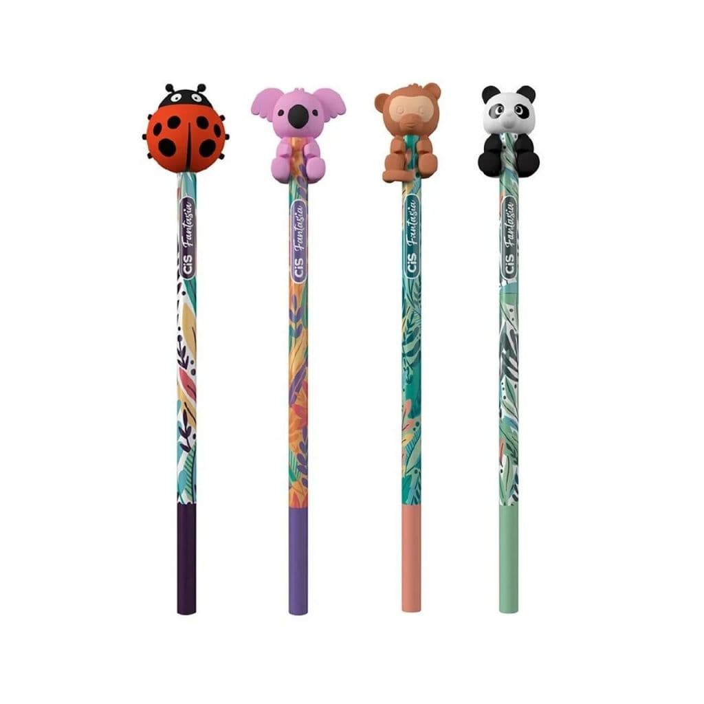 Kit com 4 Lápis HB CiS Fantasia com Borracha Abraçadinhos Fofo Conjunto Anotações Escrever Colorido