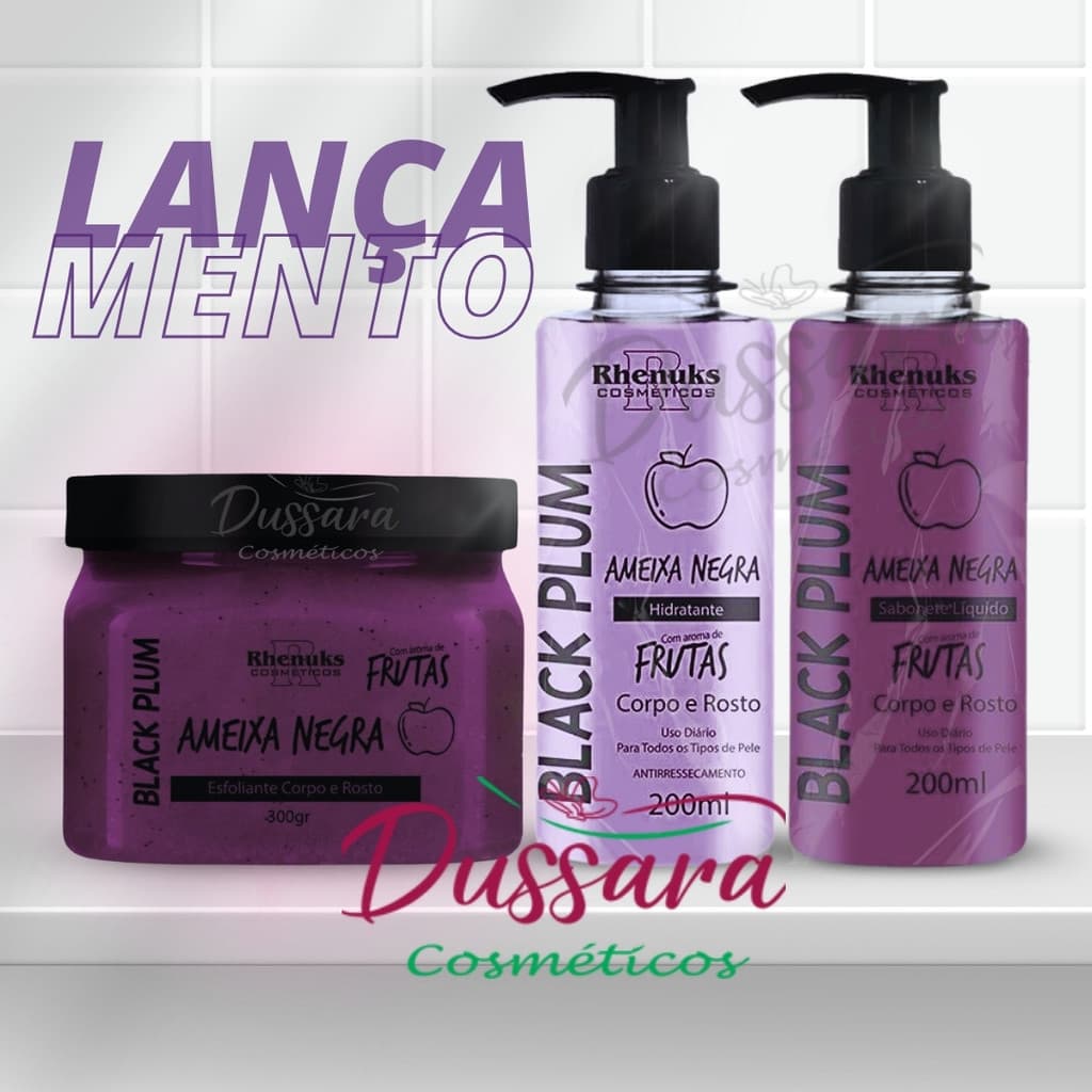 KIT SABONETE LÍQUIDO + ESFOLIANTE + HIDRATANTE CORPORAL - AMEIXA NEGRA - RHENUKS