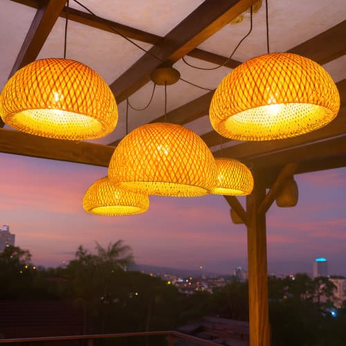 Lustres Pendentes Kit 5 Luminárias De Teto Bambu Premium Moderno Fibra Natural Artesanal 45cm E 35cm Malibu Bivolt