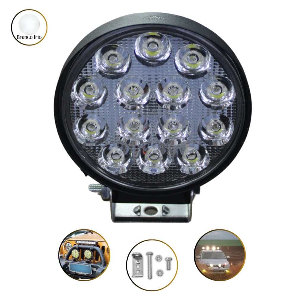 Farol Auxiliar de Milha Redondo 14 Leds 42w Branco Frio 6000k Universal Caminhonete Carro 4x4