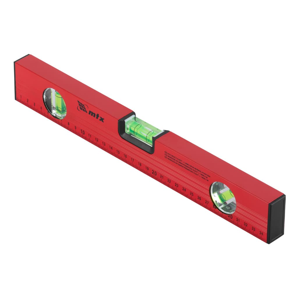 NIVEL DE ALUMINIO, COM REGUA, VERMELHO, 3 BOLHAS, 14POL., 350MM, 1PC // MTX