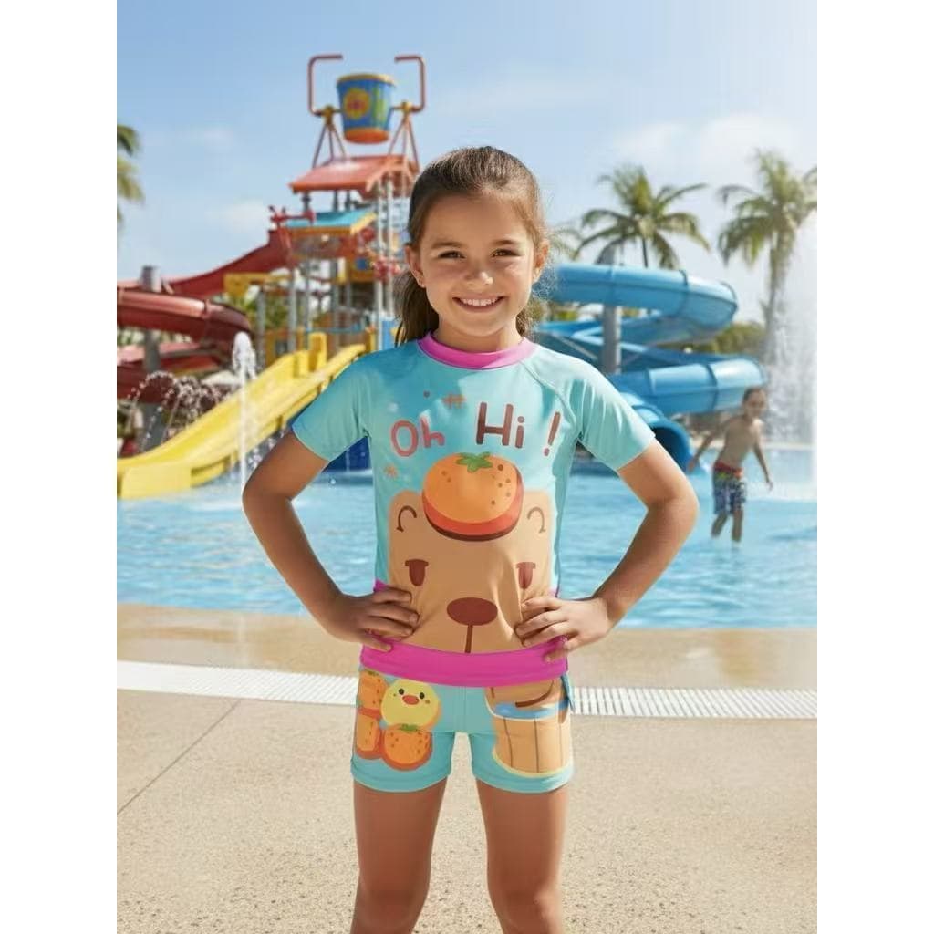 Roupa de Praia Proteção Solar UV50+ Estampada CAPIVARA com Shorts de praia para  Menina 2-12 ANOS