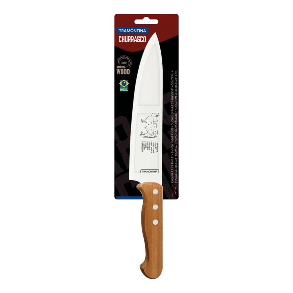 Faca para Carne Tramontina Churrasco 8" com Lâminas em Aço Inox e Cabo de Madeira Natural