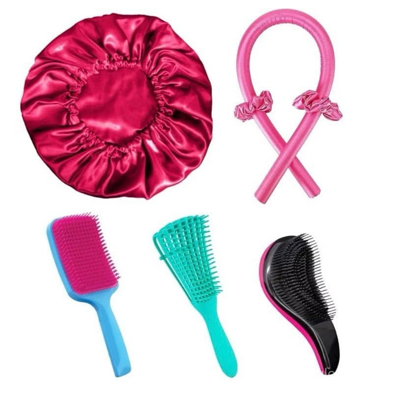 Kit Touca Cetim + Modeldor de Cachos Cetim + 2 Xuxinhas Cetim + Escovas, Cuidados com os Cabelos
