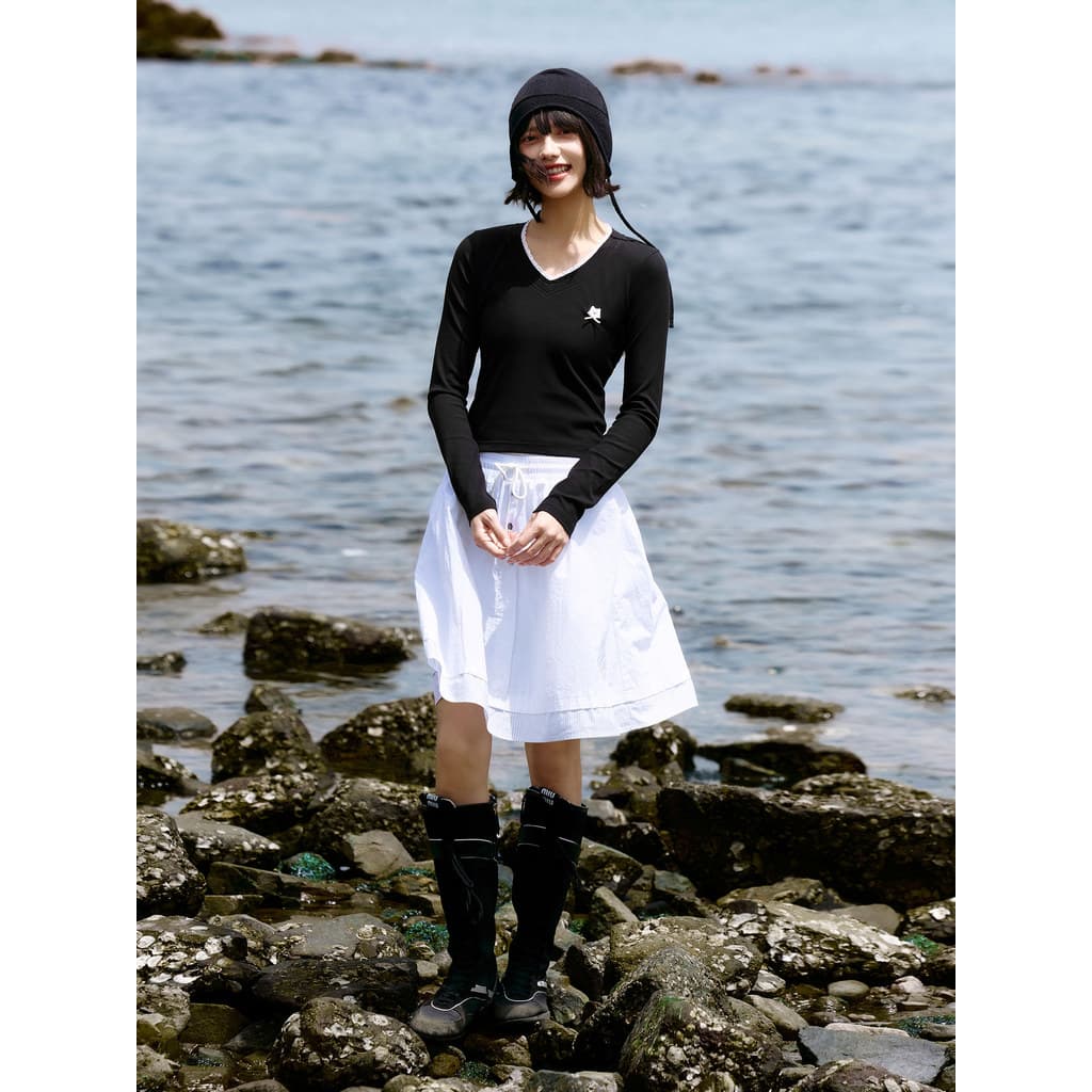 P PSO Marca Feminina Bonito Bordado West Highland Com Decote Em V Renda Sola Muscular Slim-fit Curto Manga Comprida t