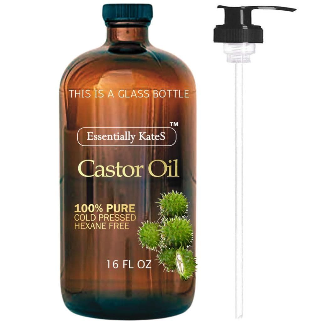 Óleo de Rícino KateS 16 Fl Oz (Garrafa de Vidro) - Original - Uma Grande Garrafa de Vidro com Bomba - 100% Puro e Natura