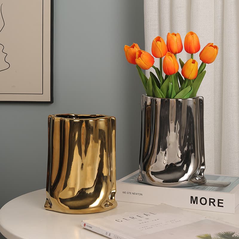 Cerâmica galvanoplastia vaso plissado luz luxo ins estilo sala de estar mesa jantar tulipa simulação flor decoração orna