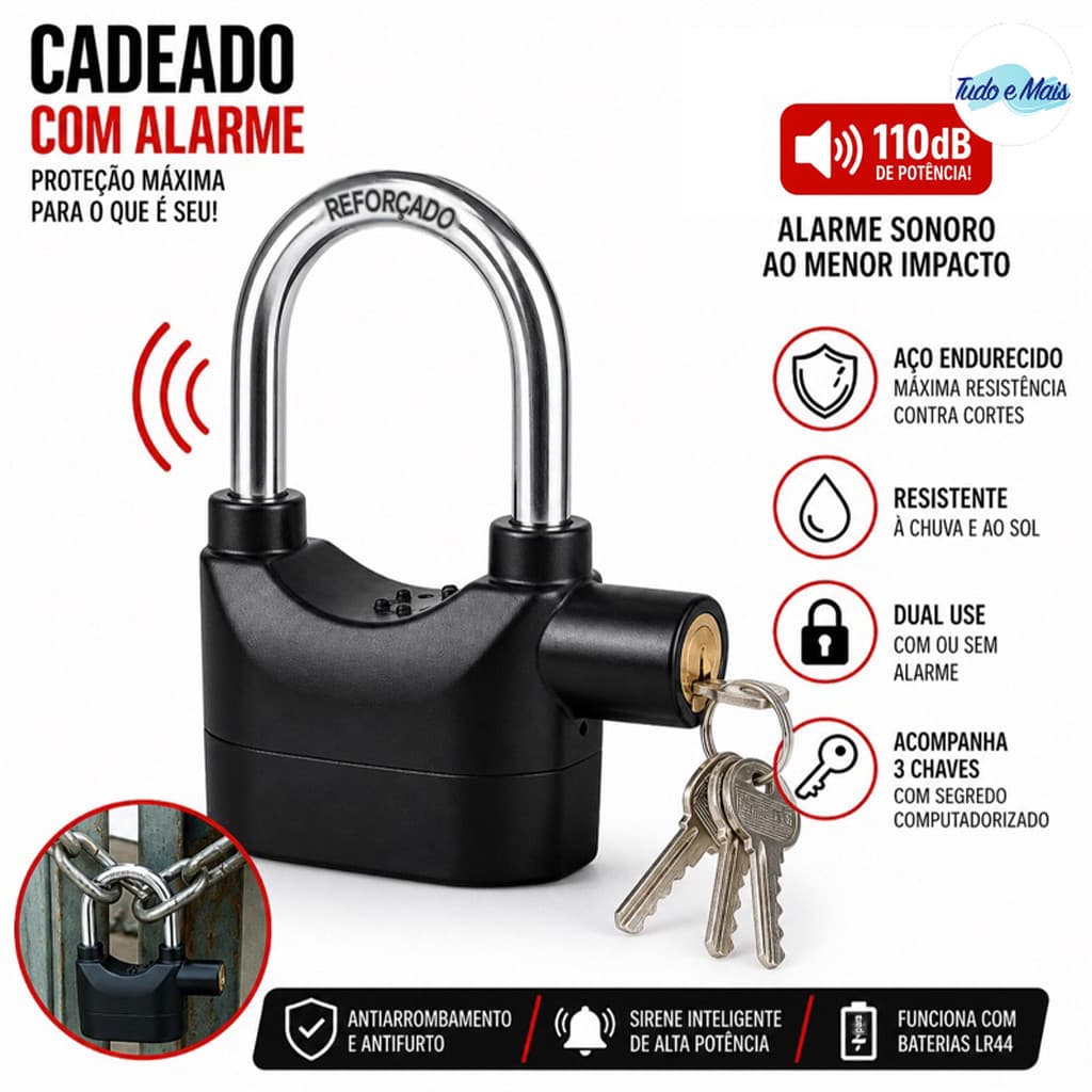 Cadeado Antifurto com Alarme de Alta Sensibilidade, Trava Universal de Segurança para Moto, Bike, Mala e Portões