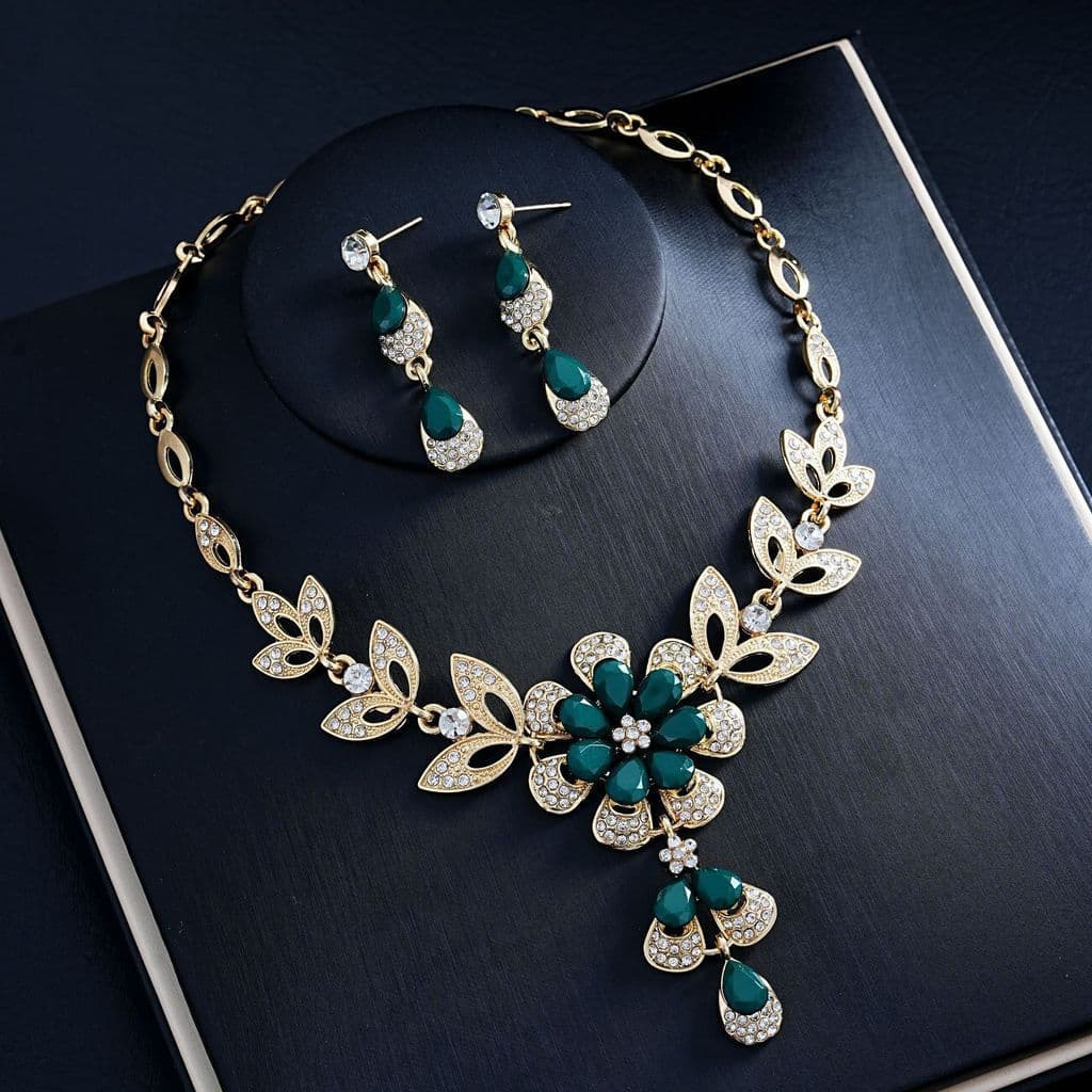 Conjunto luxuoso de colar e brincos com flores em forma de gota de água cravejadas de diamantes, elegante corrente vinta