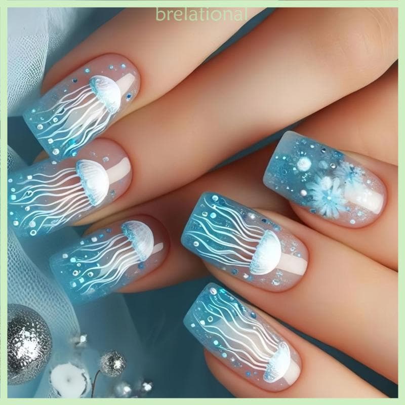 R 24 Unidades Prensa Quadrada Para Unhas, Comprimento Médio, Água-Viva, Arte,, ABS, Roupa
