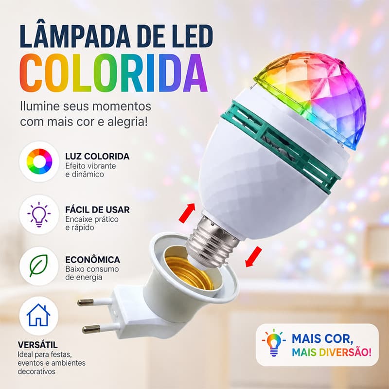 Lâmpada Bola Maluca LED RGB Giratória Bivolt para Festas Baladas Acompanha Tomada