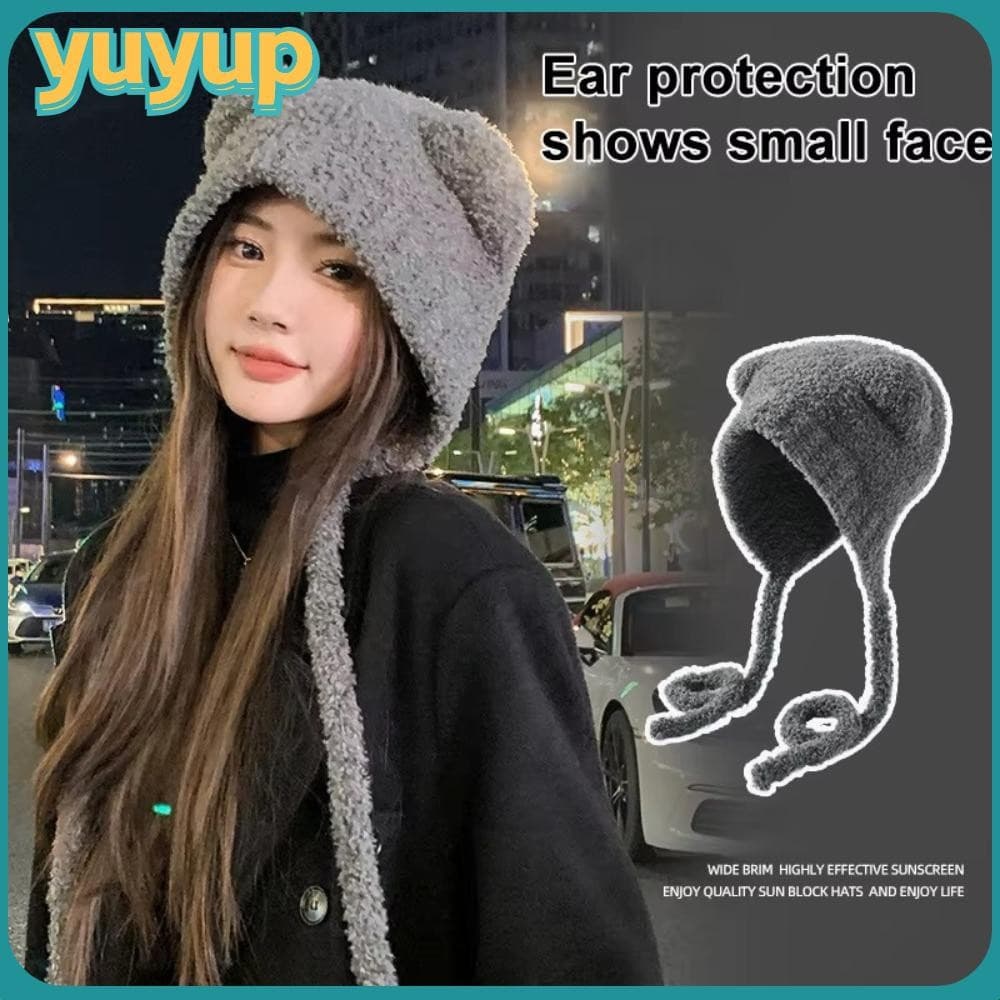 Gorro de Malha YUYUPPP, Gorro de Lã com Orelhas de Urso Estilo Y2K com Cordão, Bonito Gorro de Proteção para as Orelha