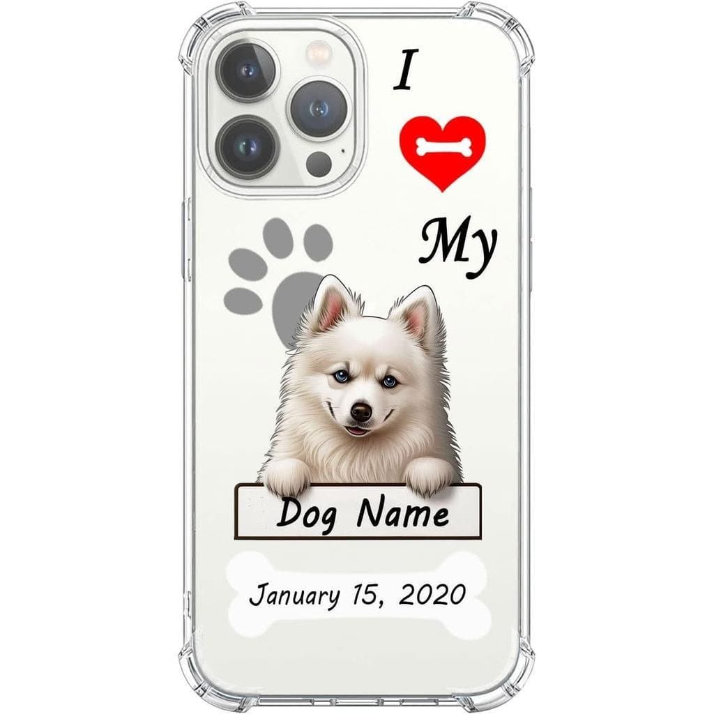 Capa de celular transparente personalizada para 14 Pro Max, 13, 12 SNAU, com a frase "Eu amo meu Eskimo Americano."