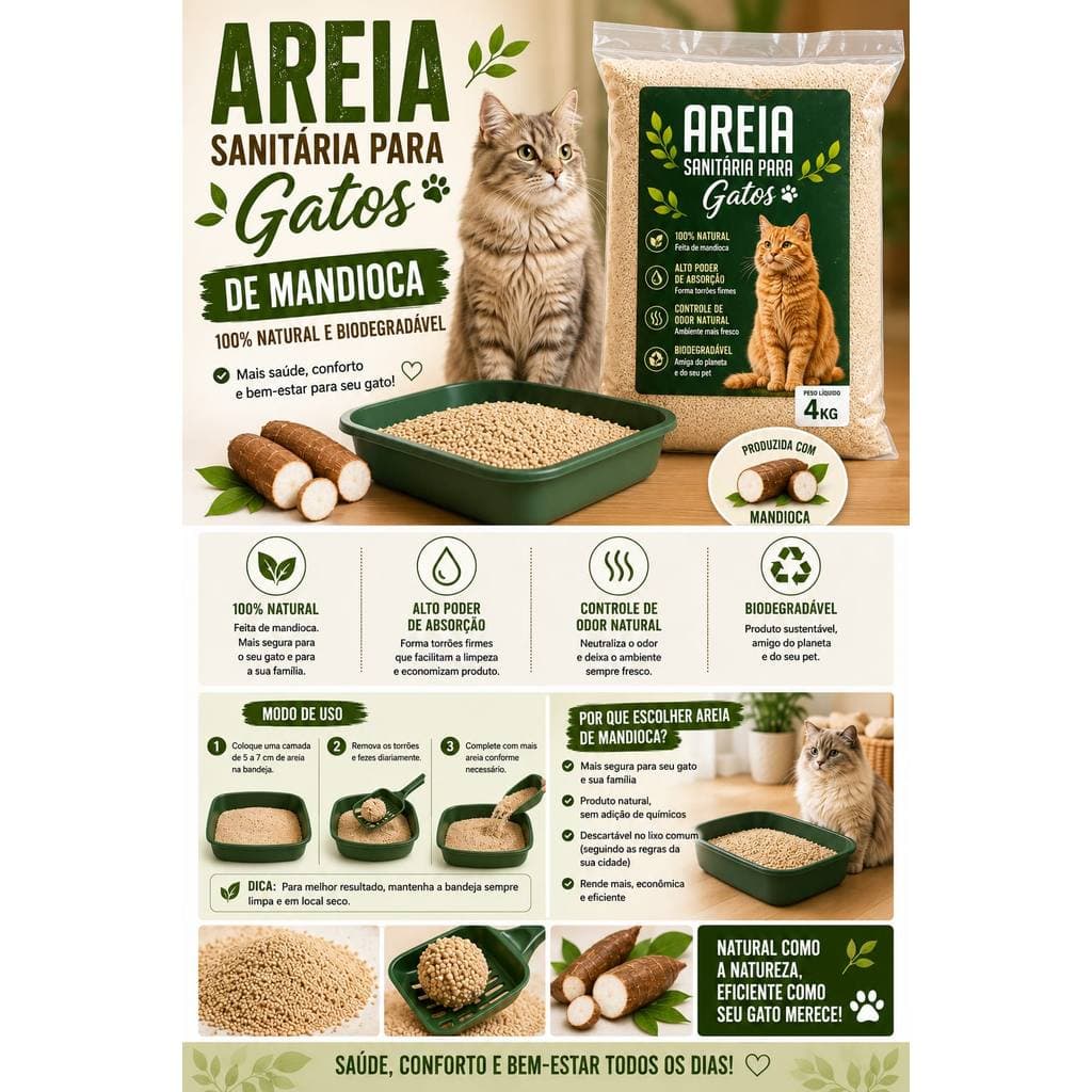 Areia Higiênica Super Premium 100% Mandioca 4kg | Grãos Finos e Biodegradável LIKE A BOSS