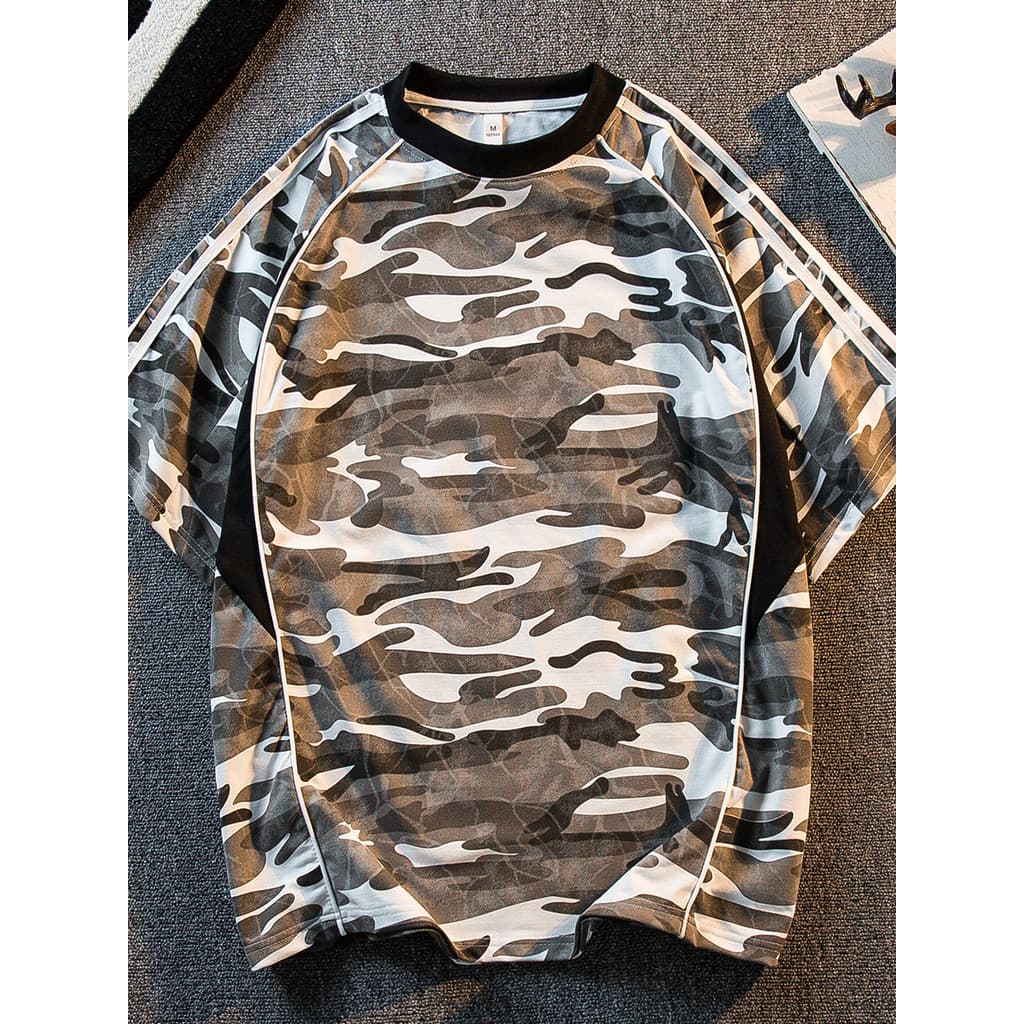HPCP Retro Listrado Costura Camuflagem Camiseta de Manga Curta Masculina Verão Americano Street Wear Solto Pescoço Redon