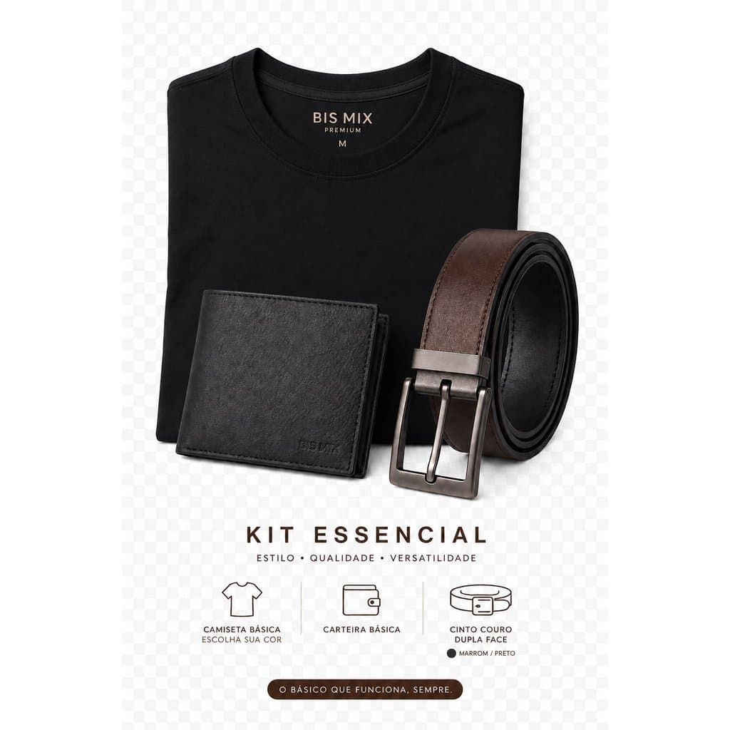 Kit Dia dos Pais Camiseta Básica + Carteira Slim + Cinto Dupla Face Preto e Marrom Masculino DAIAMIX