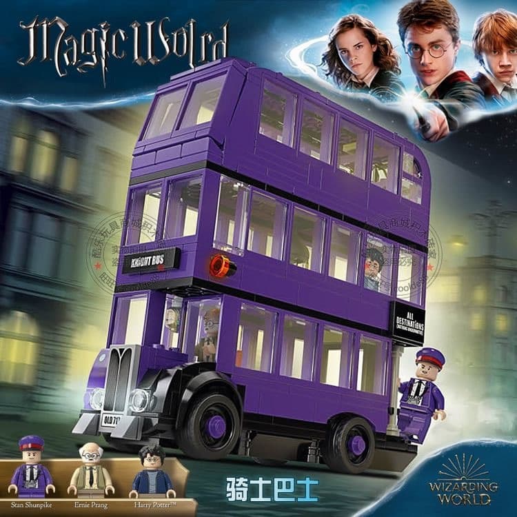 Blocos de construção Lego série Harry Potter modelo de vista de rua do ônibus dos Cavaleiros emblema da escola de magia