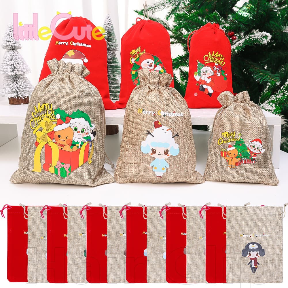 SFSE-Sacos Para Presentes De Embrulho De Festa De Natal-Cordão De Pano De Linho De Veludo-Padrão De Papai Noel De Desenh