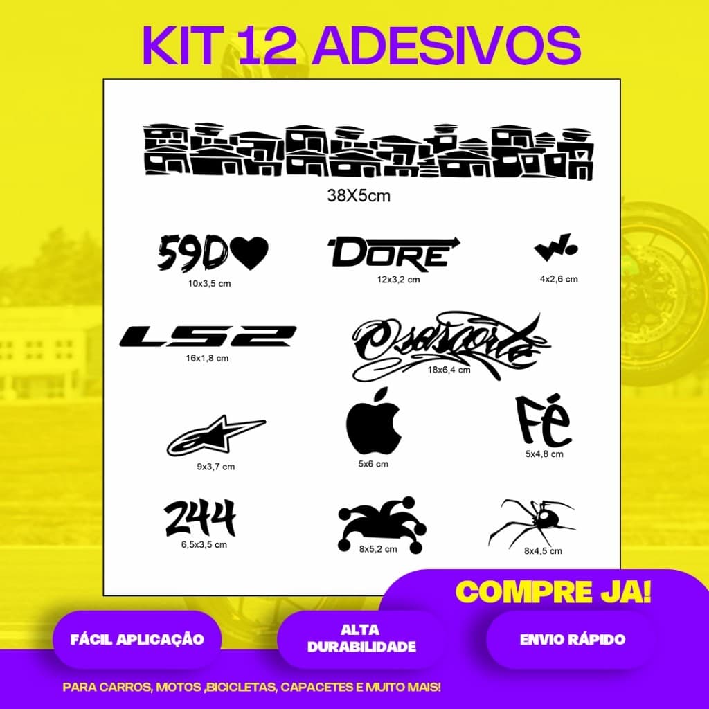 Adesivos Para Moto Kit 12 Unidades Vinil Premium Carro Capacete Favelinha Osascorte Notebook Decoração