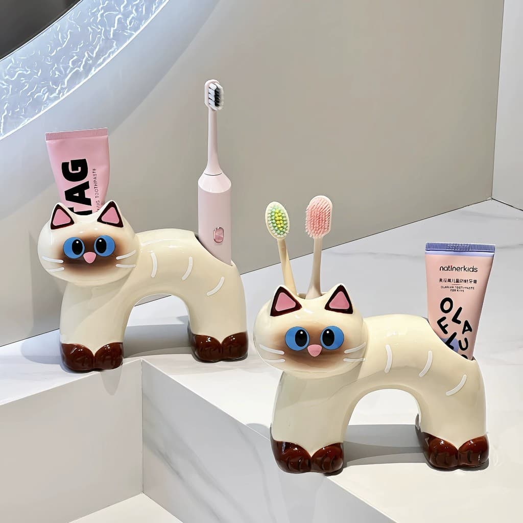 Suporte para escova de dentes em formato de gato siamês fofo, suporte de cerâmica para escova de dentes elétrica e pasta