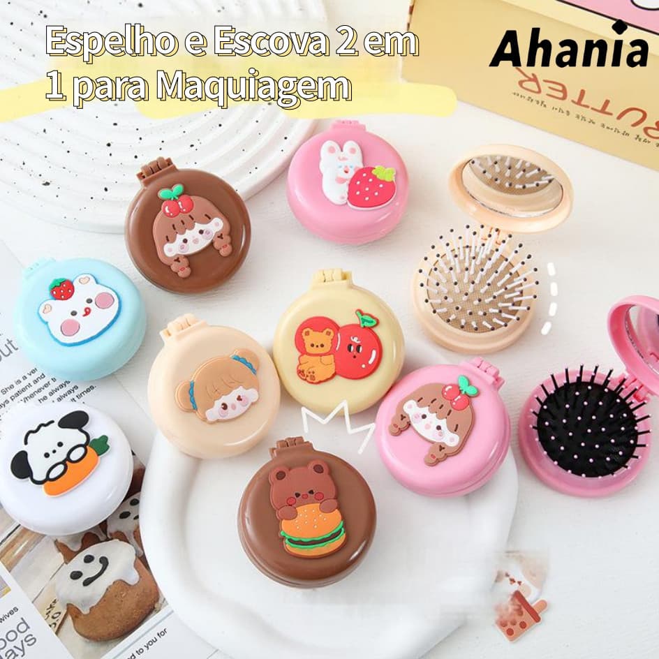 Mini Escova de Cabelo Dobrável Com Espelho-Portátil de Personagem 2 em 1 para Maquiagem , Escova De Cabelo para Viagem