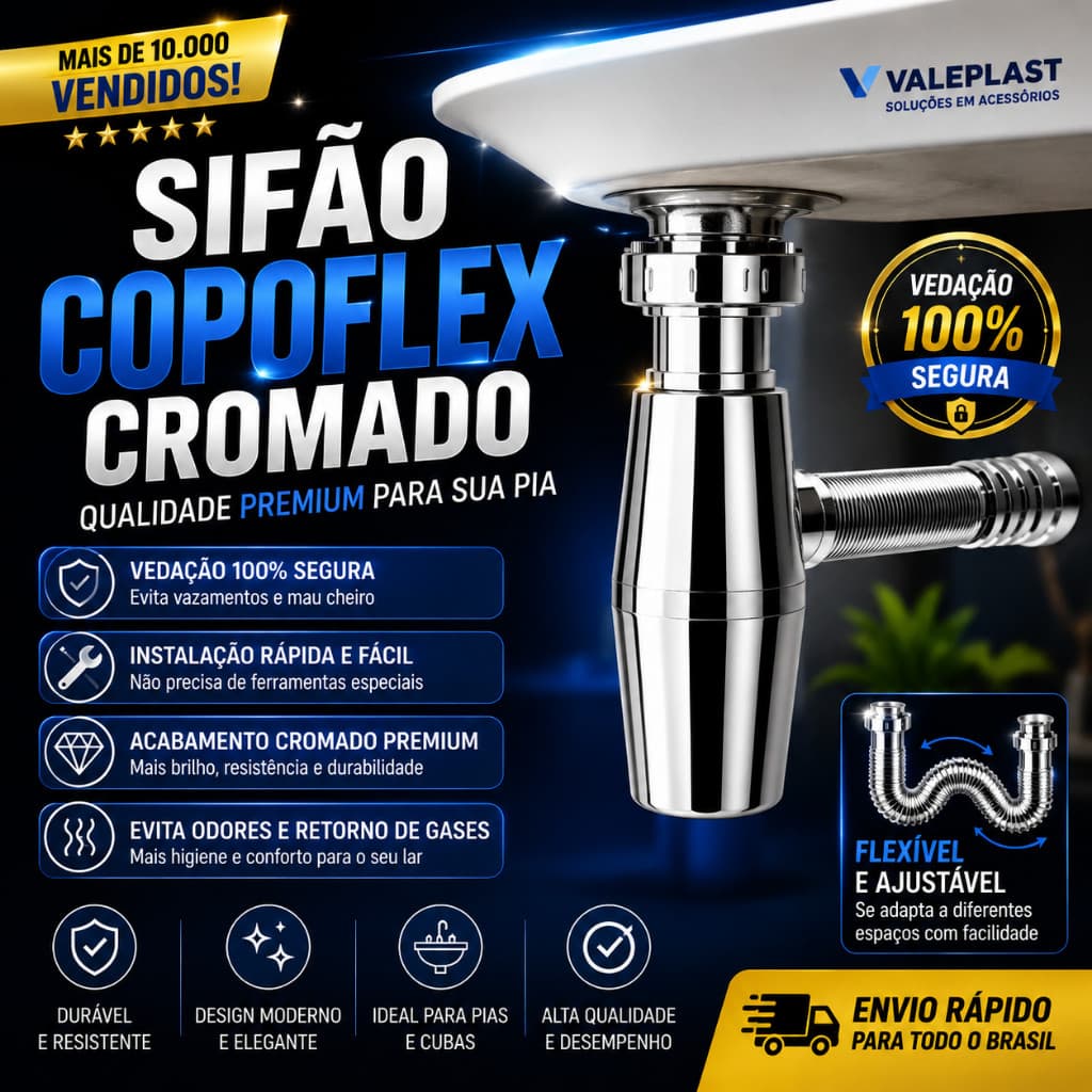 Sifão Copoflex Cromado Acabamento Premium Vedação Perfeita Compatível com Diversas Pias