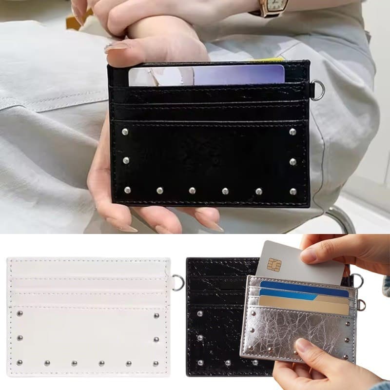Porta-Cartões De PU Ultrafino De 3-1 Unidade-Bolsa De Moedas Rachadas Rebitadas-Mini Cartão Multi Slots Dupla Face Zero